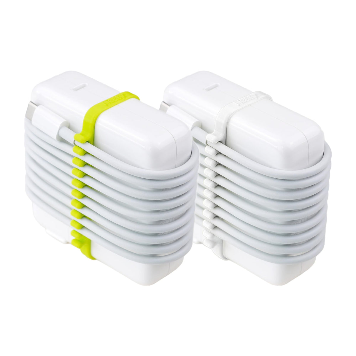 Neaty front view on Apple charger showing slim profile and tidy cable storage