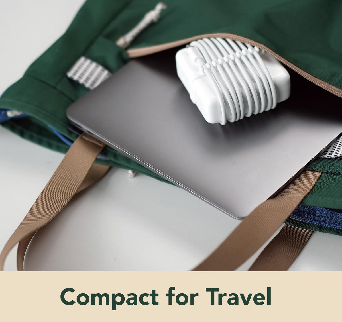 Neaty inside a backpack pocket with charger for compact travel convenience