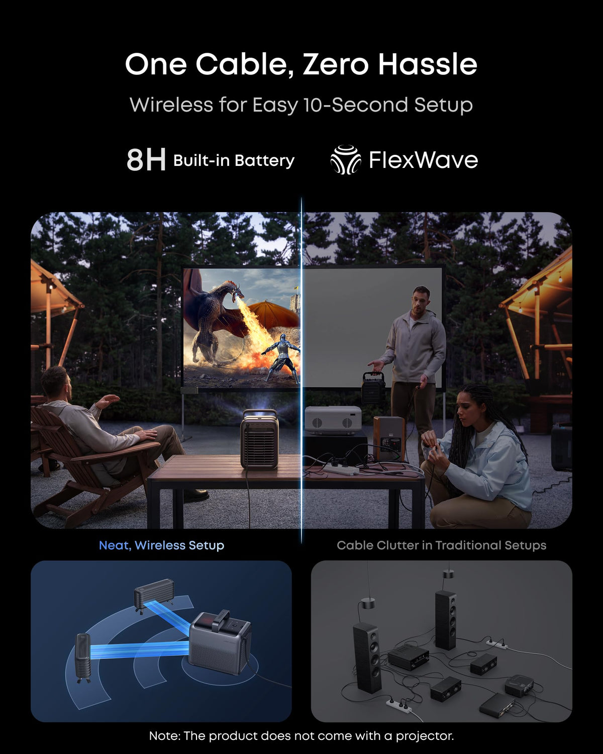 NEBULA surround speakers wired via lossless Wi‑Fi for Dolby Audio.
