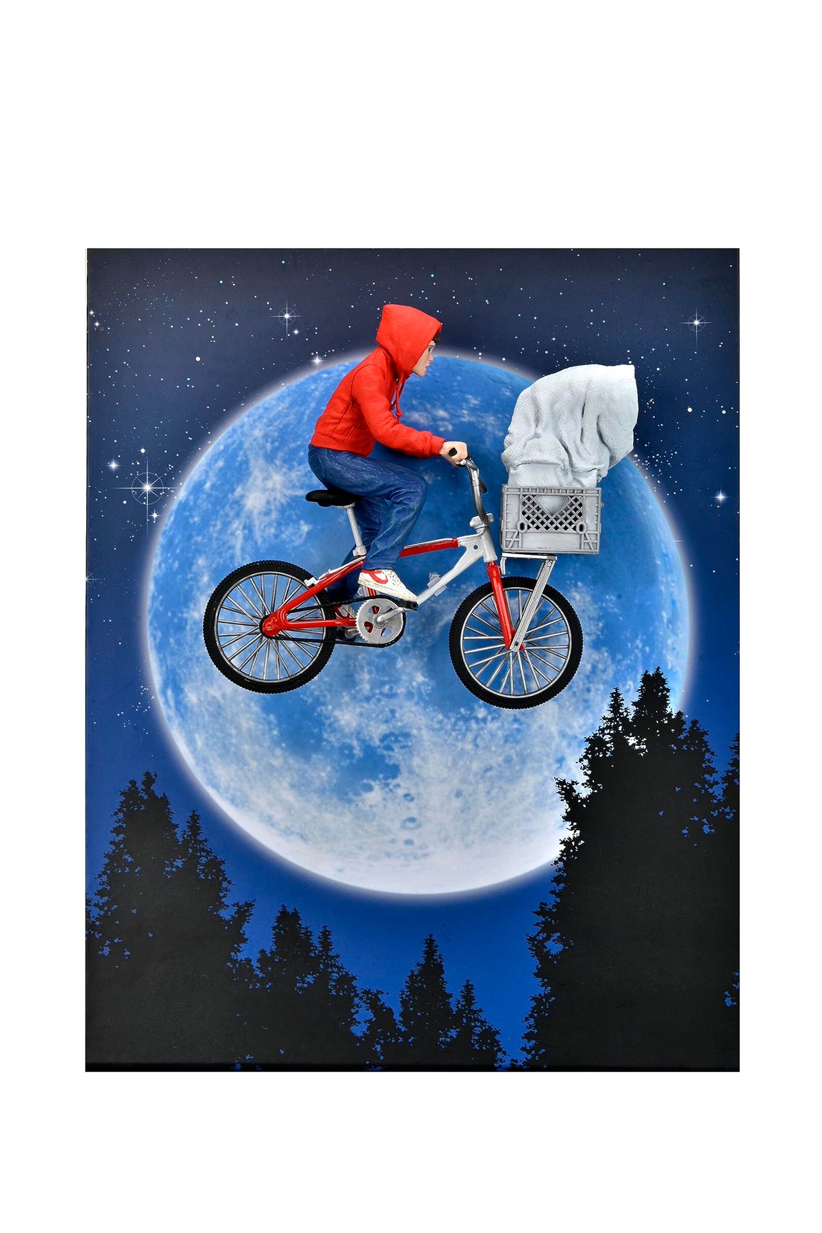 NECA freestanding movie backdrop with figures mounted, enables flying scene display