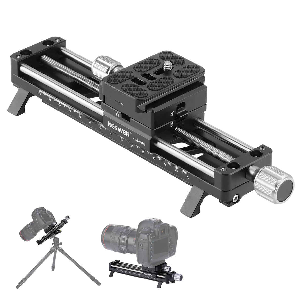 NEEWER 140mm macro rail with 360° rotation for precise close-ups.