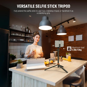 Extended reach for tall framing on location during group selfies or vlogs.
