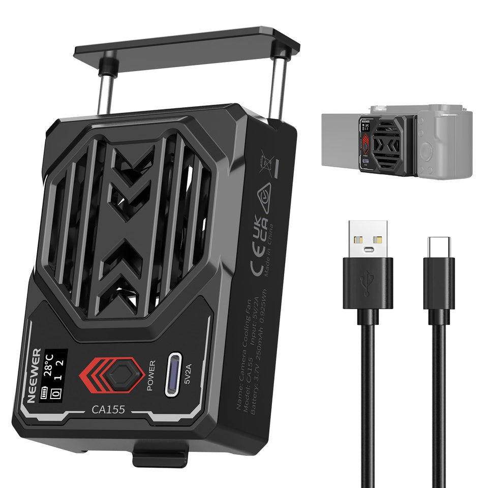 NEEWER Basics camera cooling fan with a spring-loaded assembly for quick mounting.