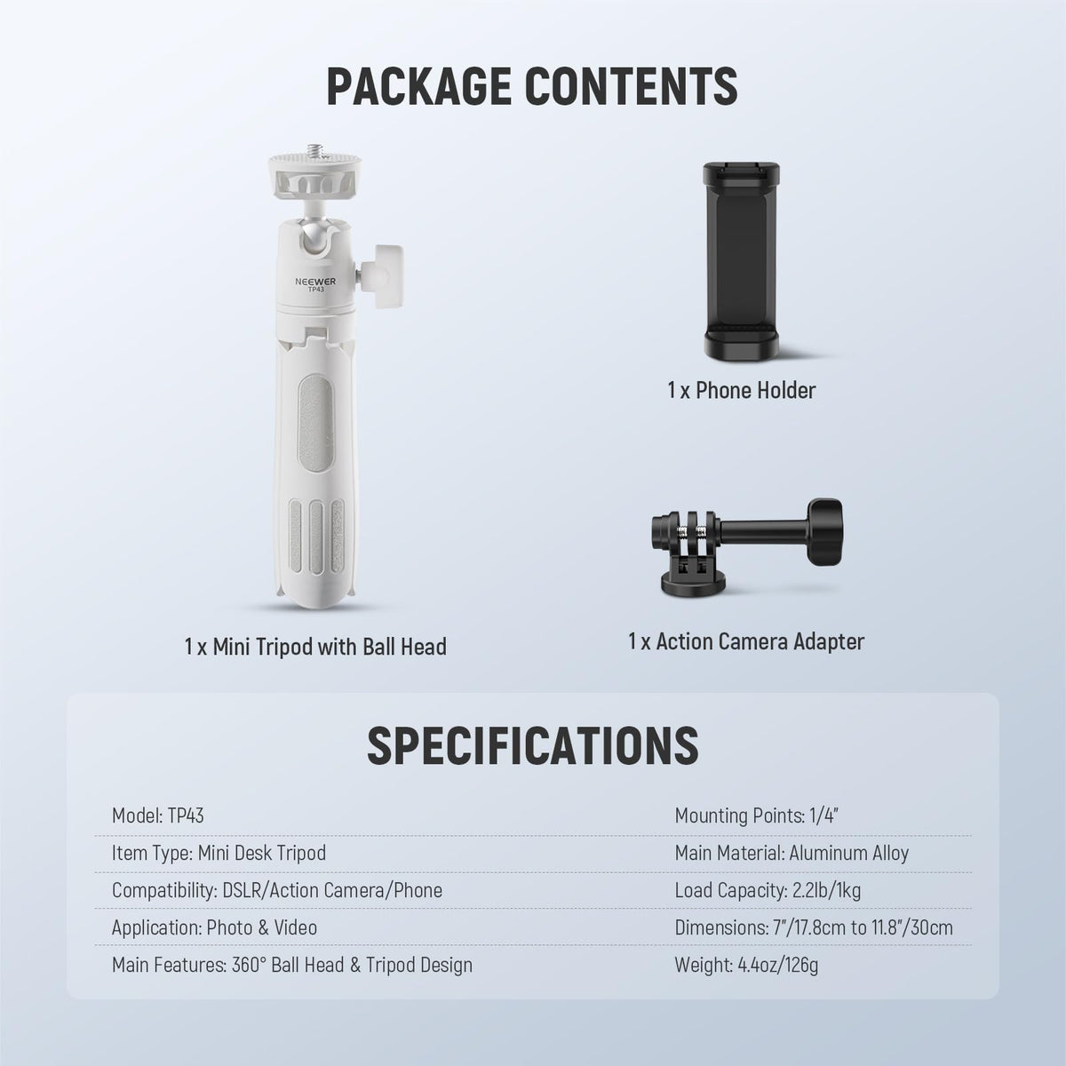 NEEWER Basics lightweight aluminum construction for travel-friendly use.