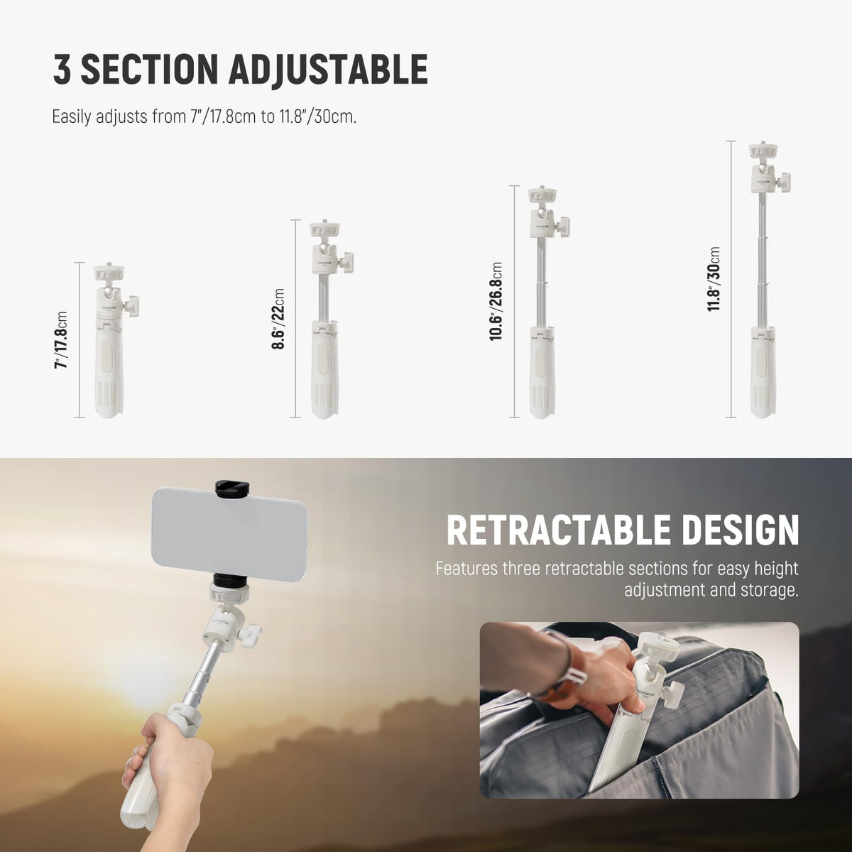 NEEWER Basics extended desk tripod enables flexible framing with height adjustment.