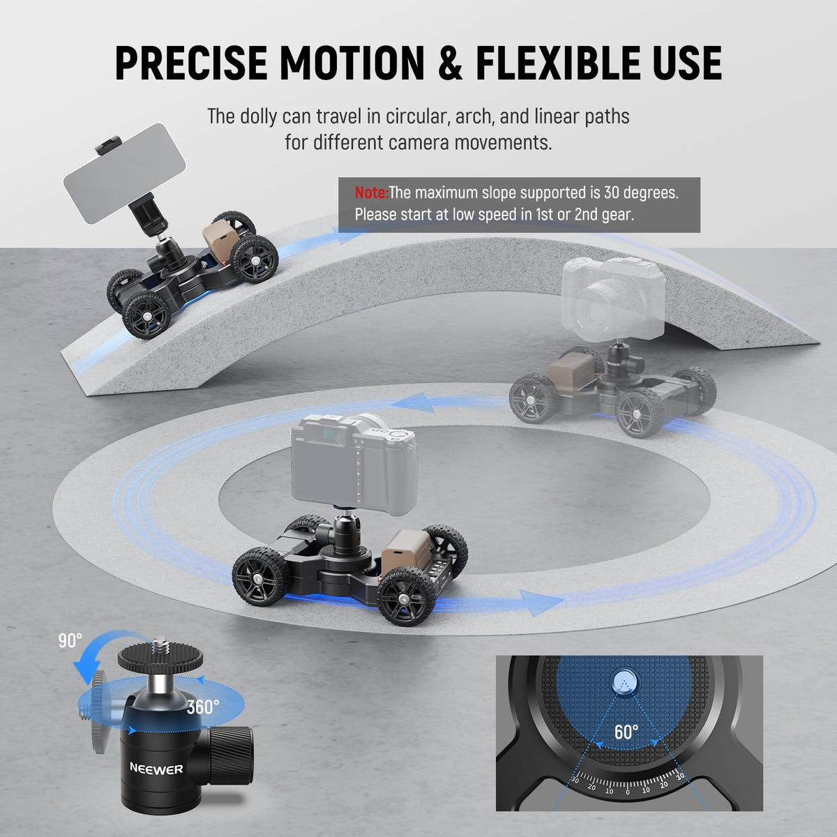 NEEWER DL400 front view dolly enables cinematic motion along curves