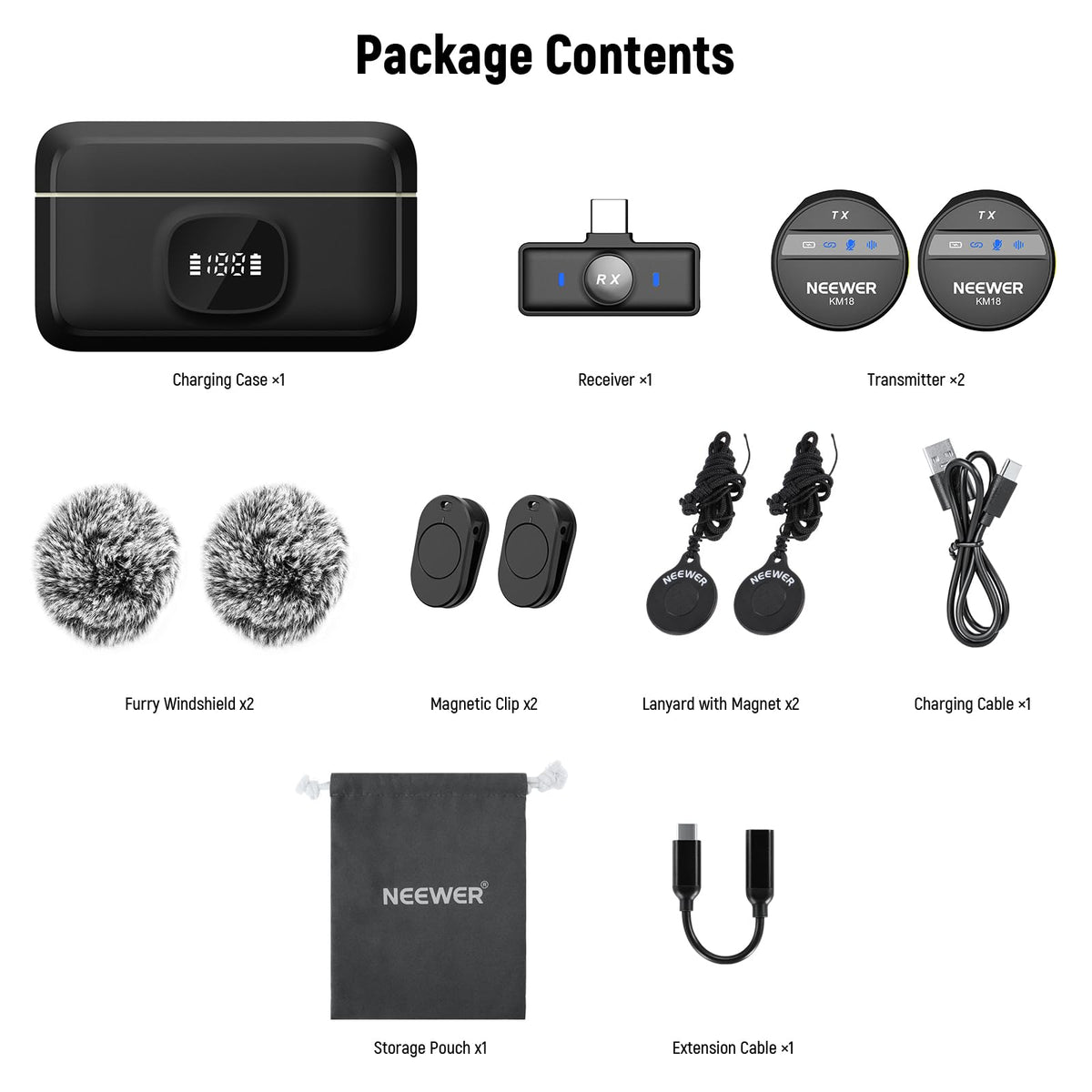 NEEWER KM18 accessories layout with cables and spare clips for setup