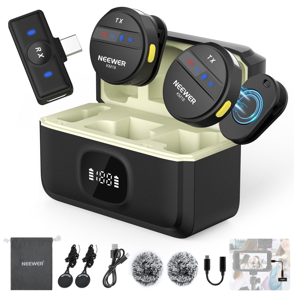 NEEWER KM18 front packaging showing kit contents and benefits