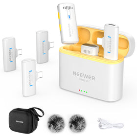 NEEWER KM20 wireless Lavalier transmitter clipped for hands-free use, ready for on-camera work