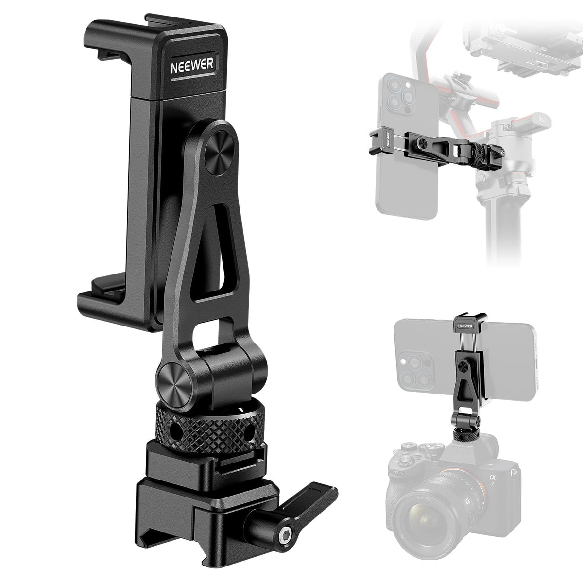 NEEWER metal phone tripod mount attached to RS5 gimbal for versatile monitoring