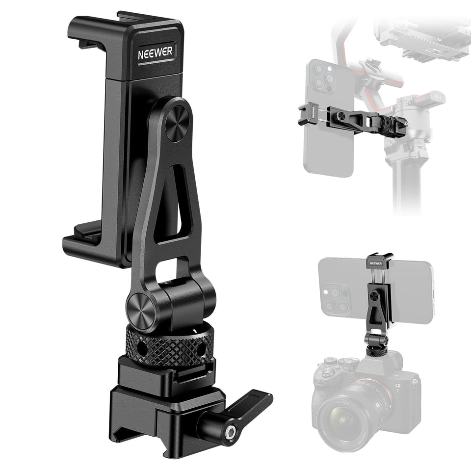 NEEWER metal phone tripod mount attached to RS5 gimbal for versatile monitoring