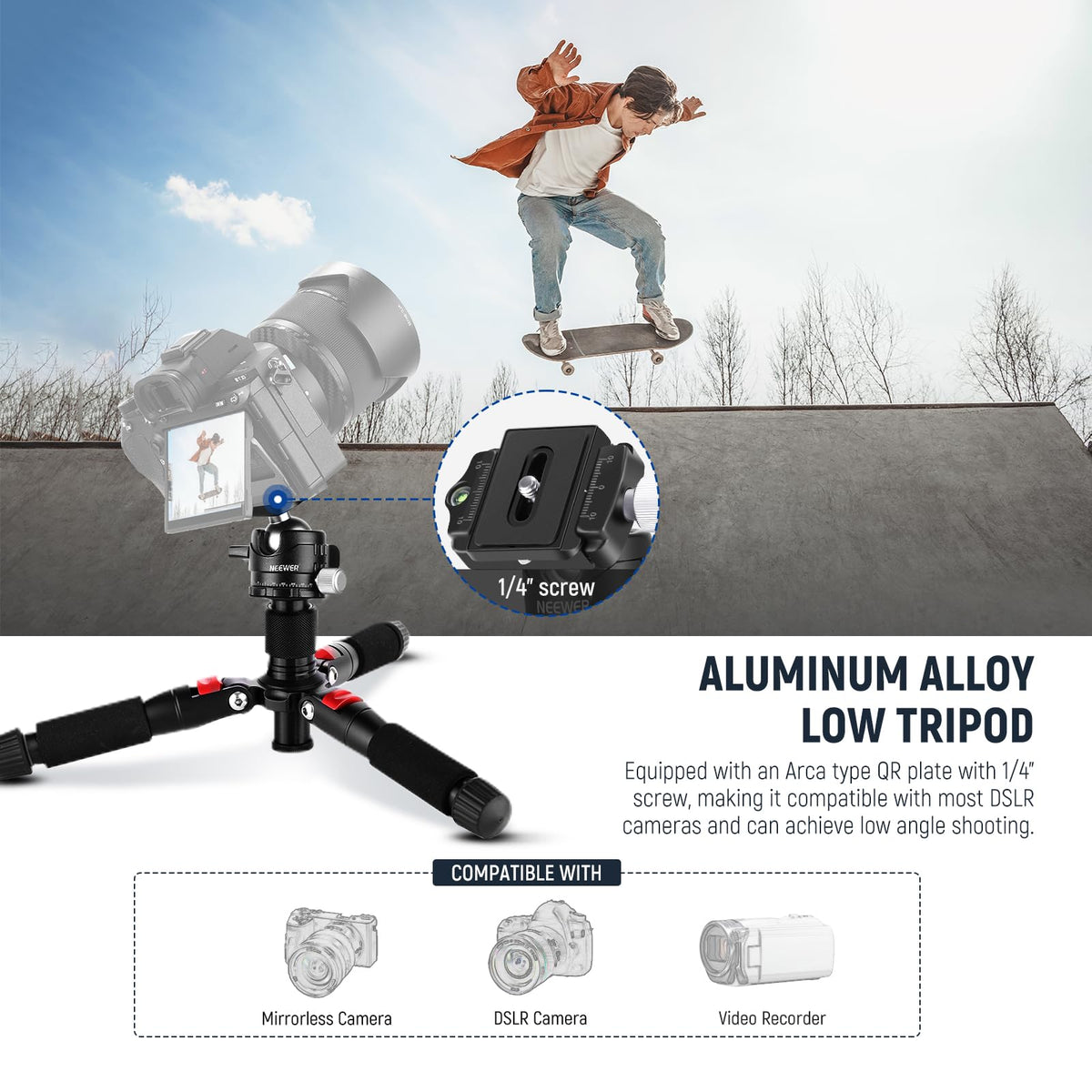 NEEWER folded compact tripod demonstrating palm-sized portability and travel benefit
