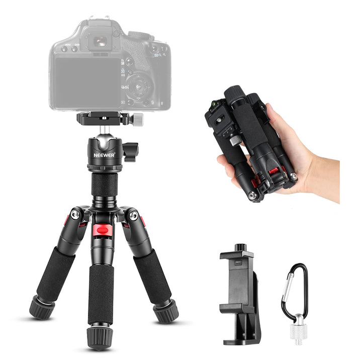 NEEWER mini tripod front view showing compact aluminum build and stability