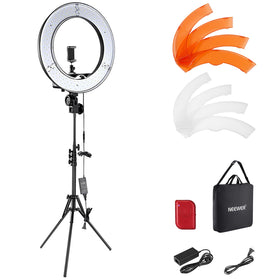 NEEWER Ring Light 18-inch close-up for even makeup lighting and tutorials.