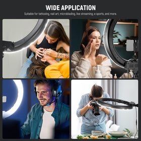 NEEWER Ring Light 18-inch stand setup highlighting sturdy 61-inch aluminum support.