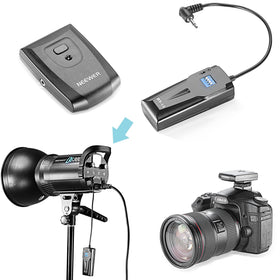 Neewer RT-16 receiver side connector plugged into strobe, ensures secure sync