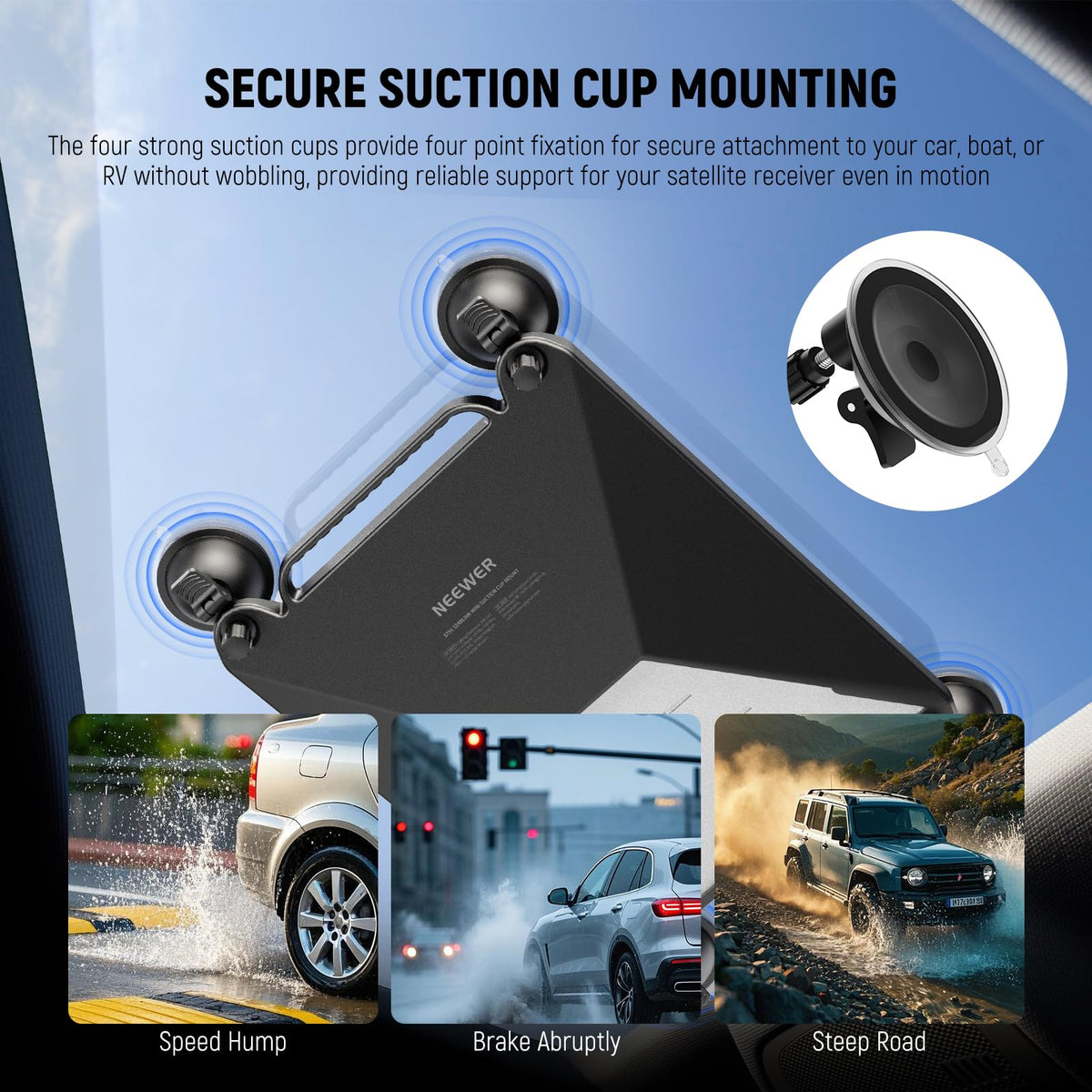 NEEWER ST91 mounted on a car sunroof glass, providing steady connectivity on the road