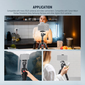 NEEWER sponge grip and center-column hook detail for comfort and added stability