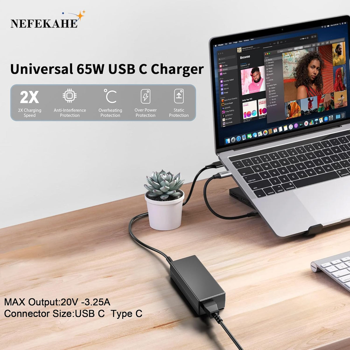 NEFEKAHE includes 65W AC adapter and 1-meter cord for easy setup and transport.