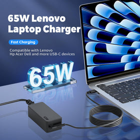 NEGENTTREN 65W USB-C charger plugged into Lenovo laptop demonstrates reliable PD charging.