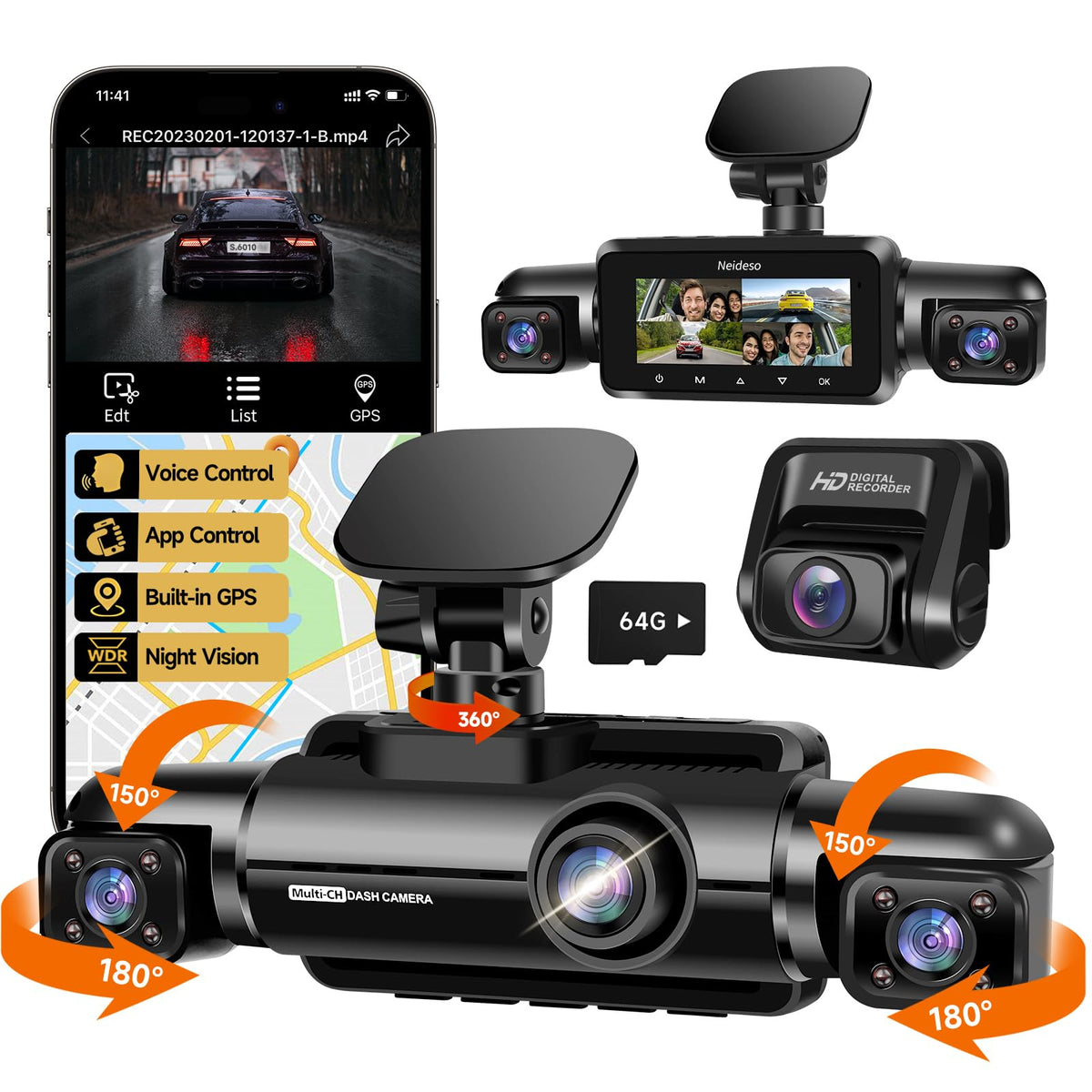 Neideso 360° dash cam front and rear angles for full protection