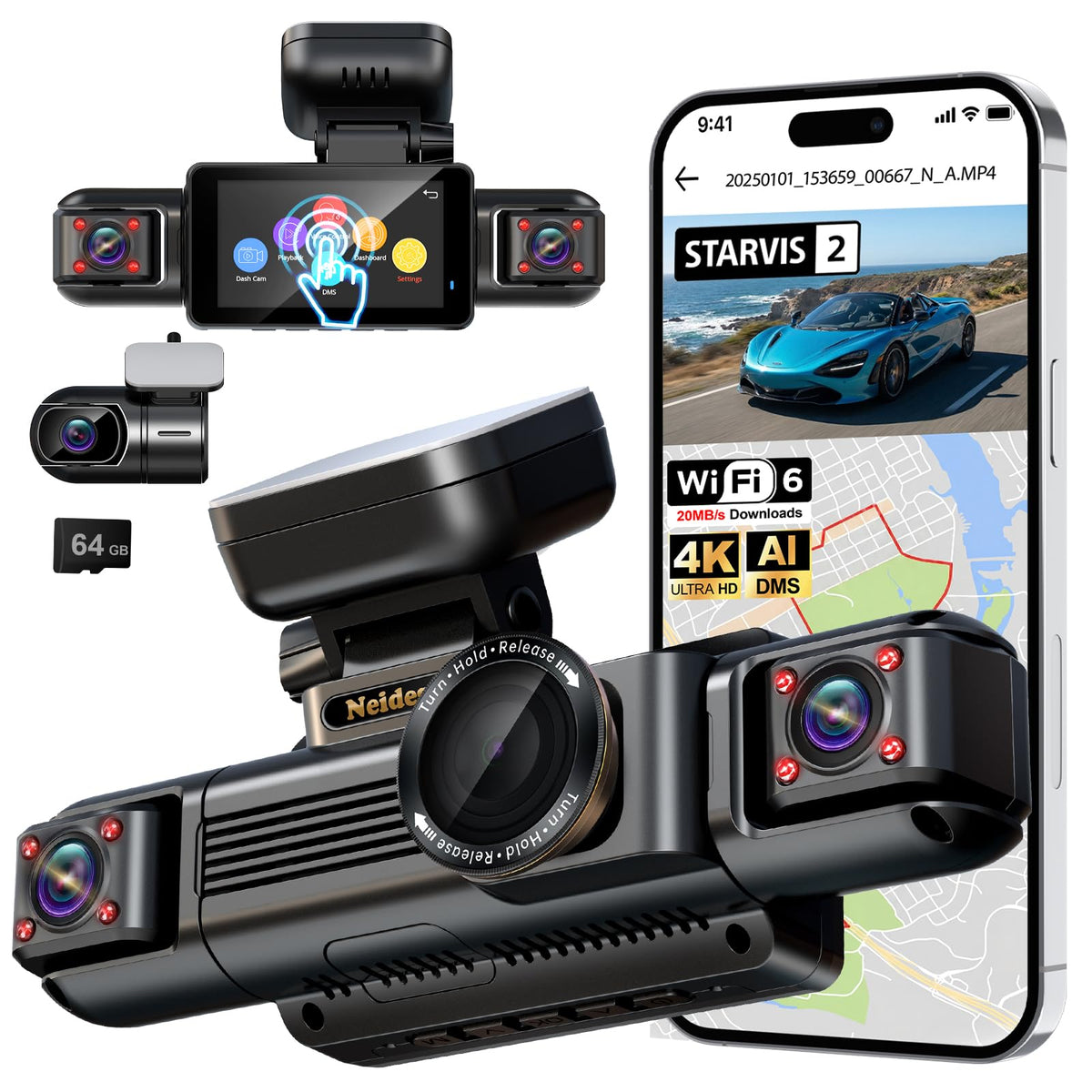Neideso N300Pro front camera captures crisp 4K video for clear road details and plates