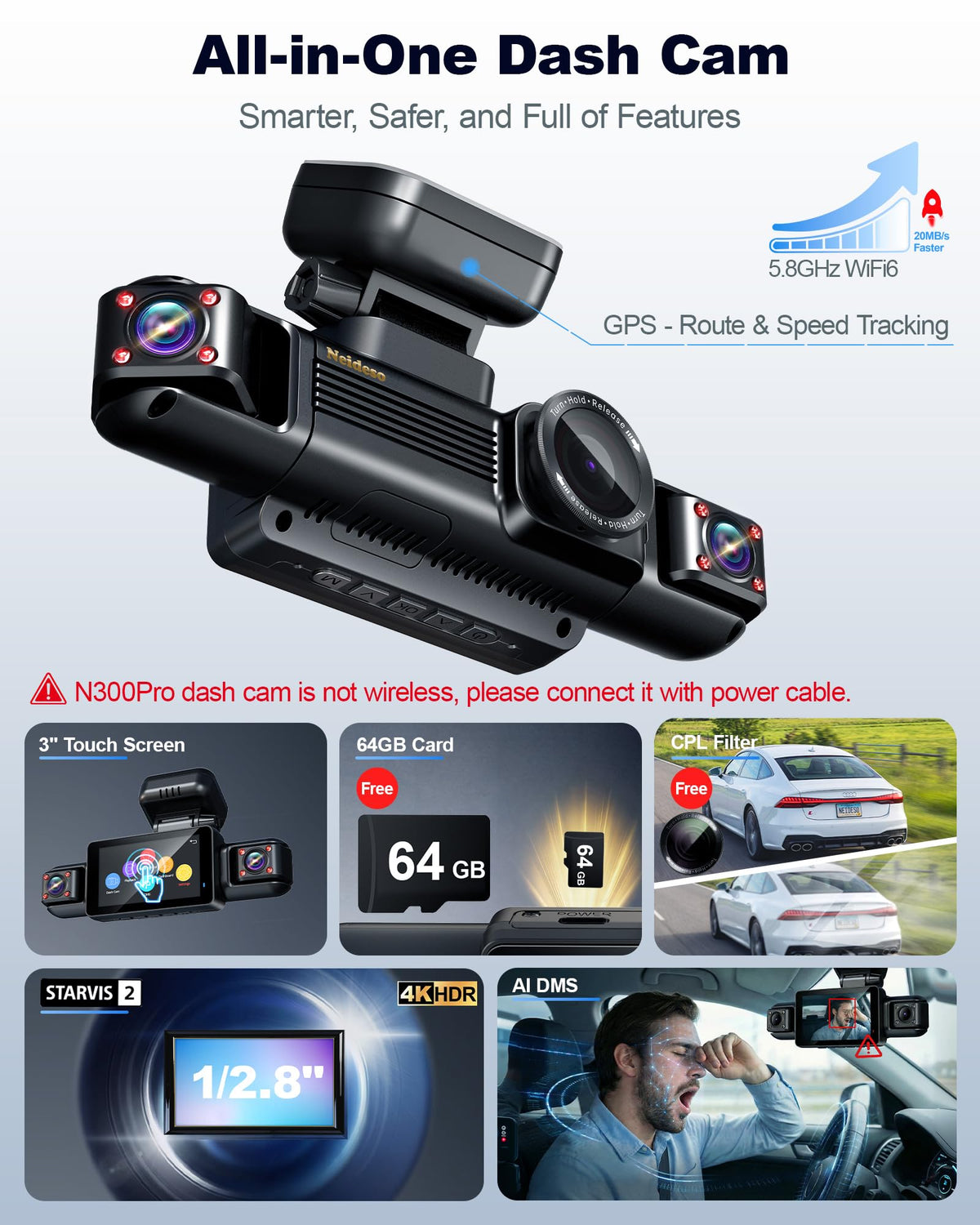 Neideso N300Pro left camera records side view in 1080p for wide coverage