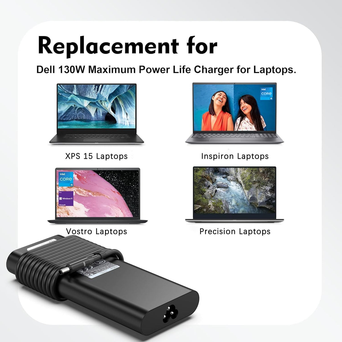 NELEBUTO 130W Dell XPS adapter safety label emphasizes protection for safe charging