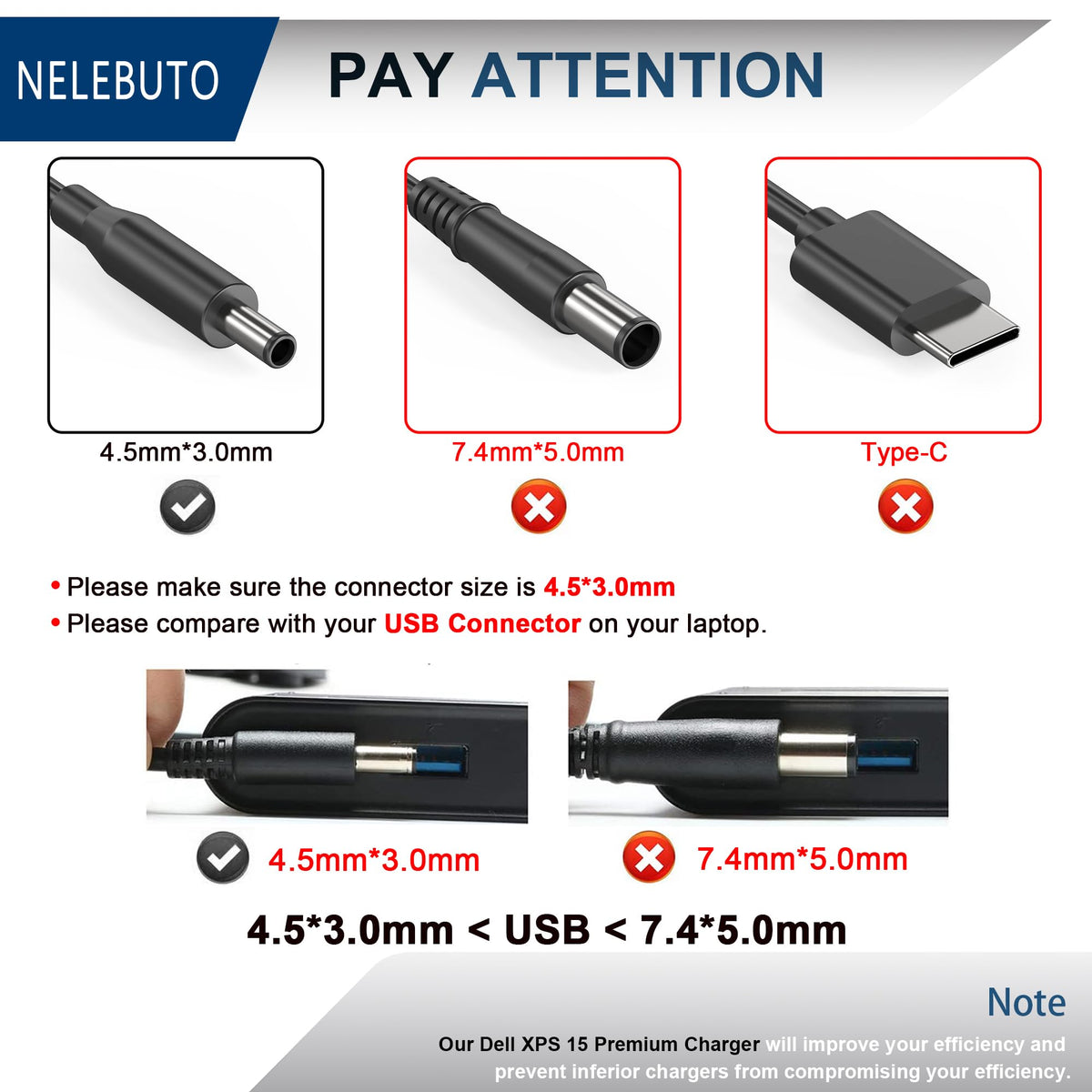 NELEBUTO 130W Dell XPS adapter side view, slim profile for desk setups