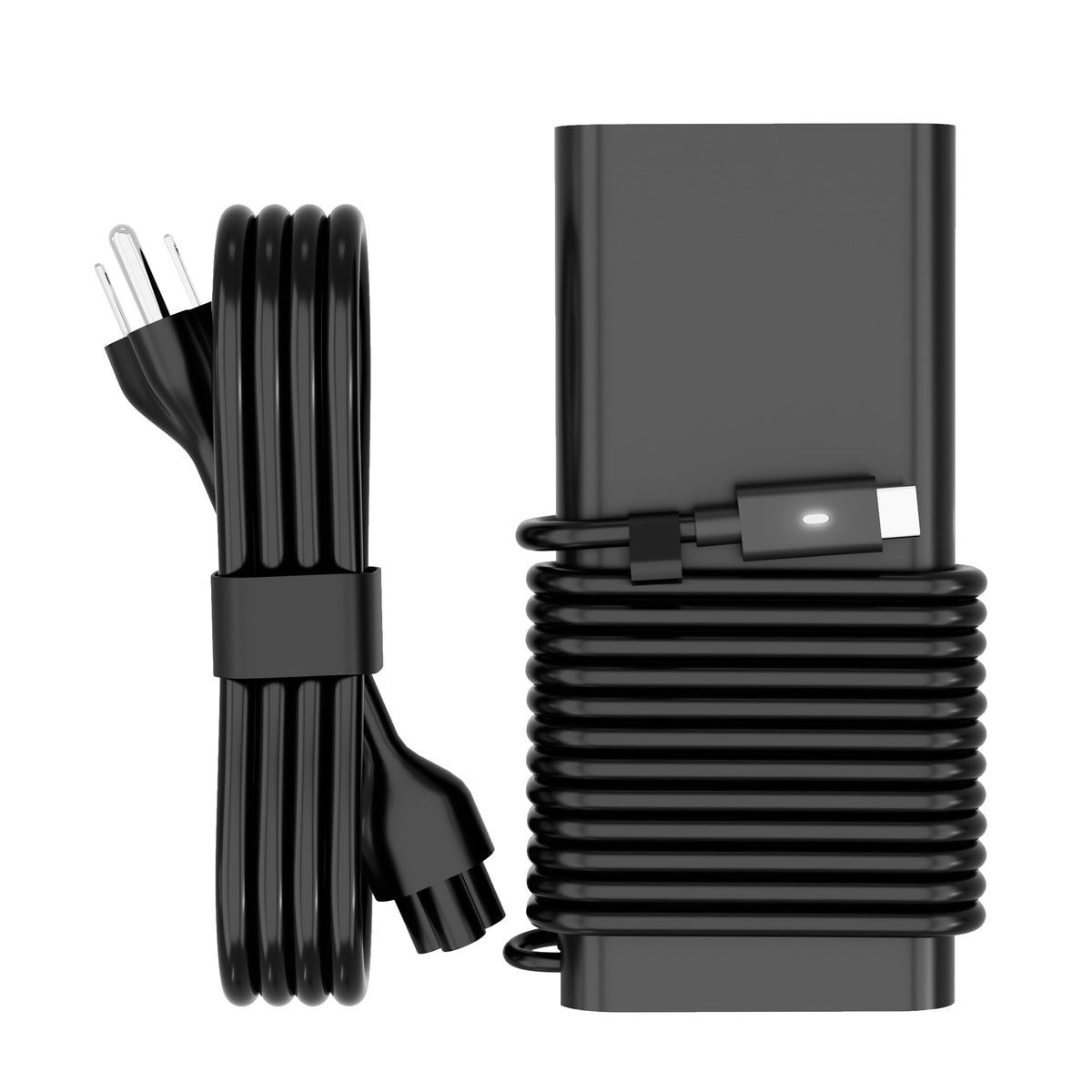 NELEBUTO 130W USB-C charger front view powering a Dell XPS laptop