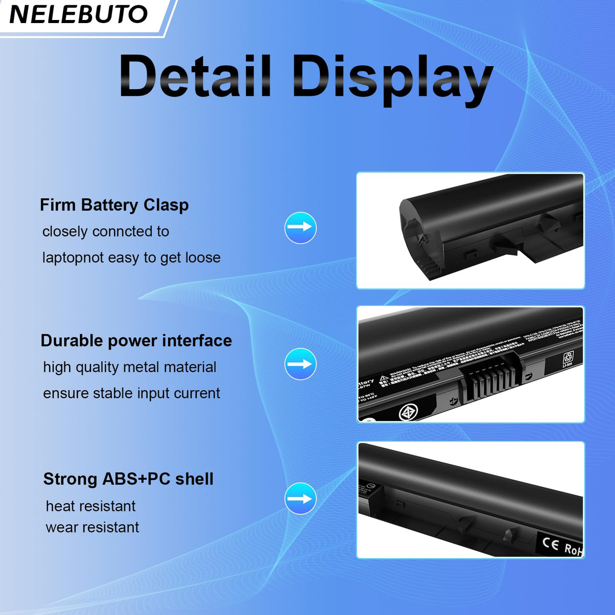 NELEBUTO JC04 battery side ports for easy plug-and-play replacement