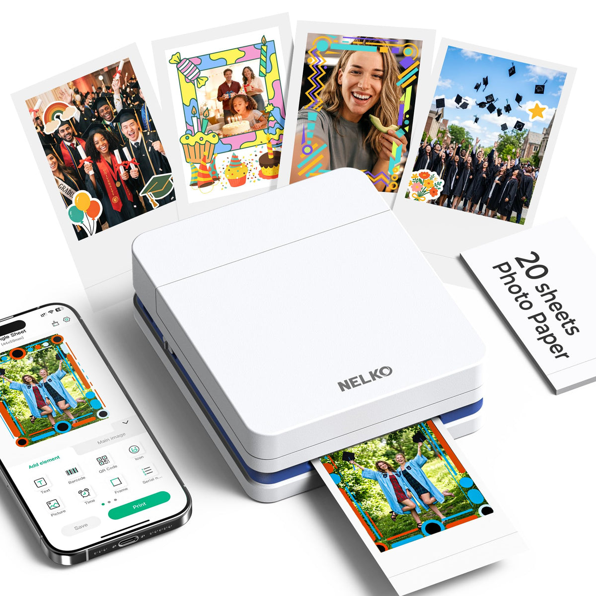 Nelko PP01 photo printer front view showing portable 2x3-inch printing capability