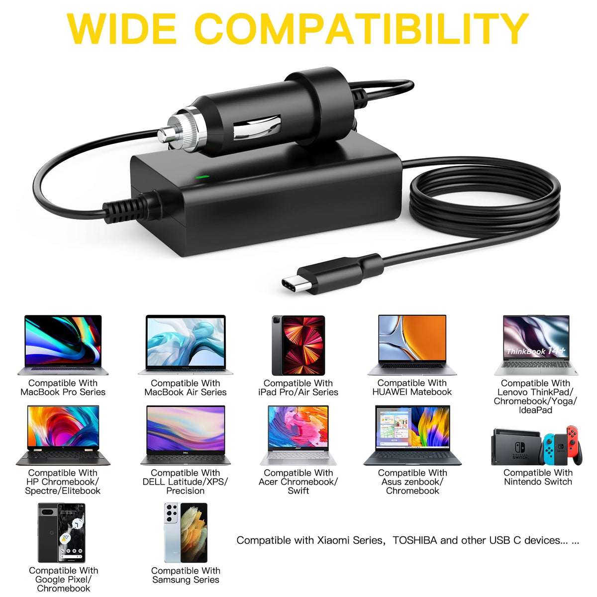NENASEW charger connected to a MacBook Pro in a car delivering fast on-road power