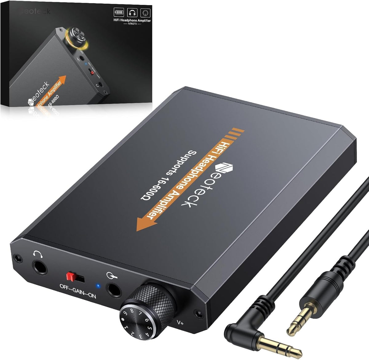 Neoteck amplifier shows 16-600 ohm impedance compatibility for diverse headphones.
