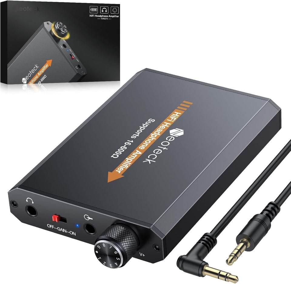 Neoteck amplifier shows 16-600 ohm impedance compatibility for diverse headphones.