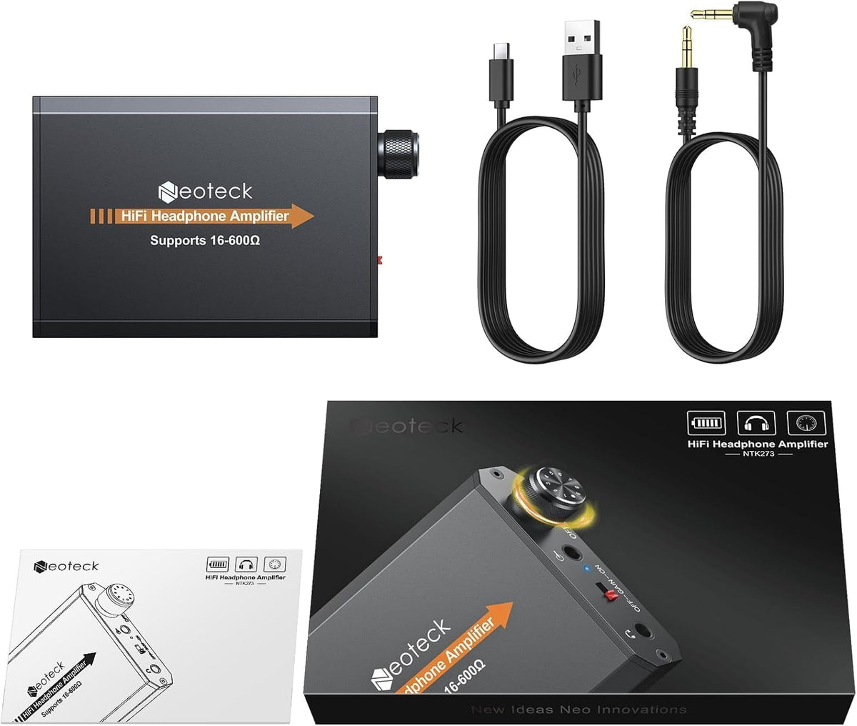 Neoteck amplifier works with MP3/MP4 players and smartphones for universal use.