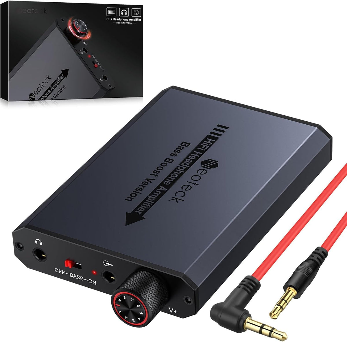 Neoteck bass-boost headphone amp enhances bass for immersive listening.