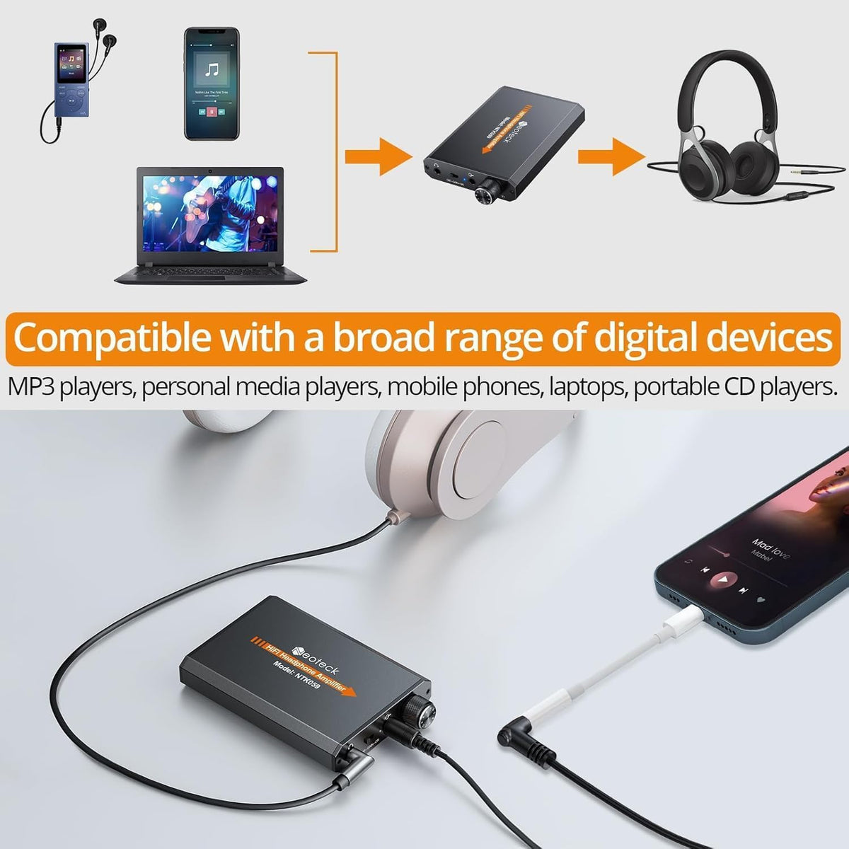 Neoteck aluminum matte finished amplifier offers comfortable handheld feel.