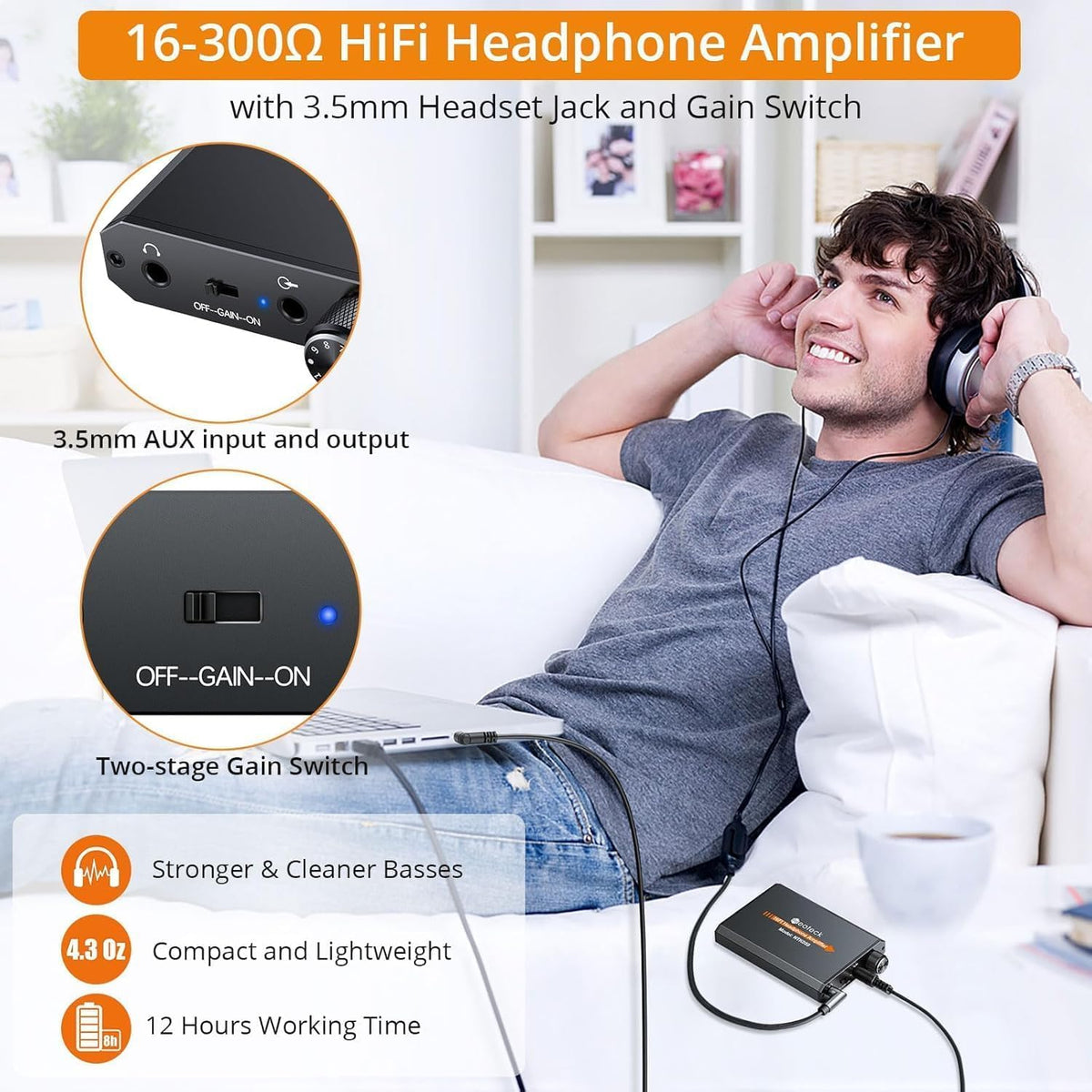 Neoteck portable headphone amplifier side view highlights durable aluminum matte finish.