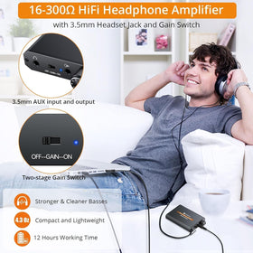Neoteck portable headphone amplifier side view highlights durable aluminum matte finish.