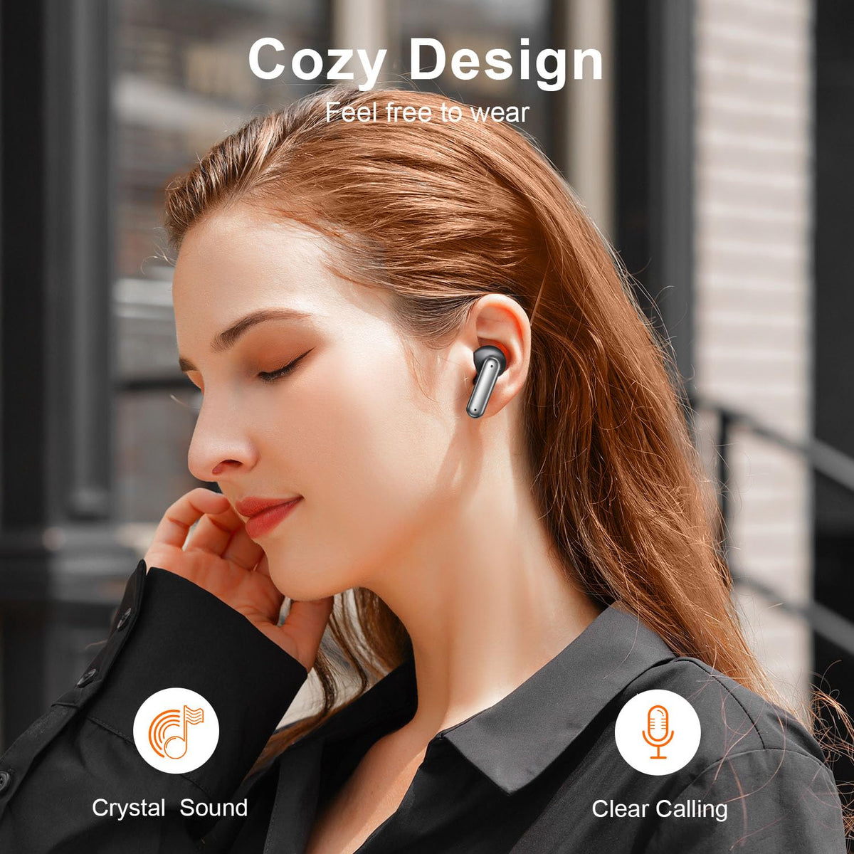 Nequga earbuds held in hand to show size and travel-friendly scale