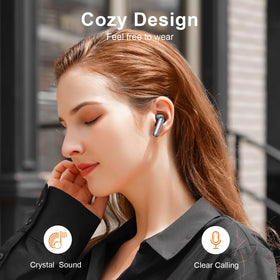 Nequga earbuds held in hand to show size and travel-friendly scale