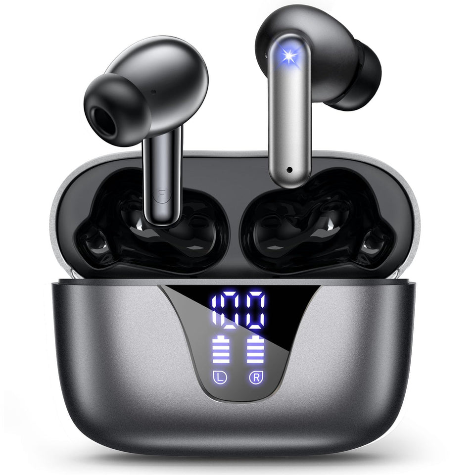 Nequga wireless earbuds with LED display case showing remaining power for easy charging.