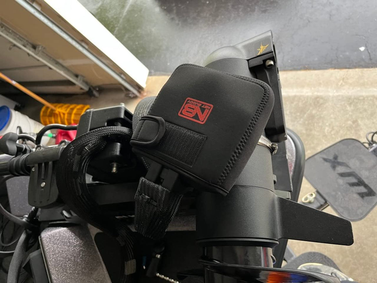 Net Buddy MEGA Live transducer cover in ice house protects during gear shifts