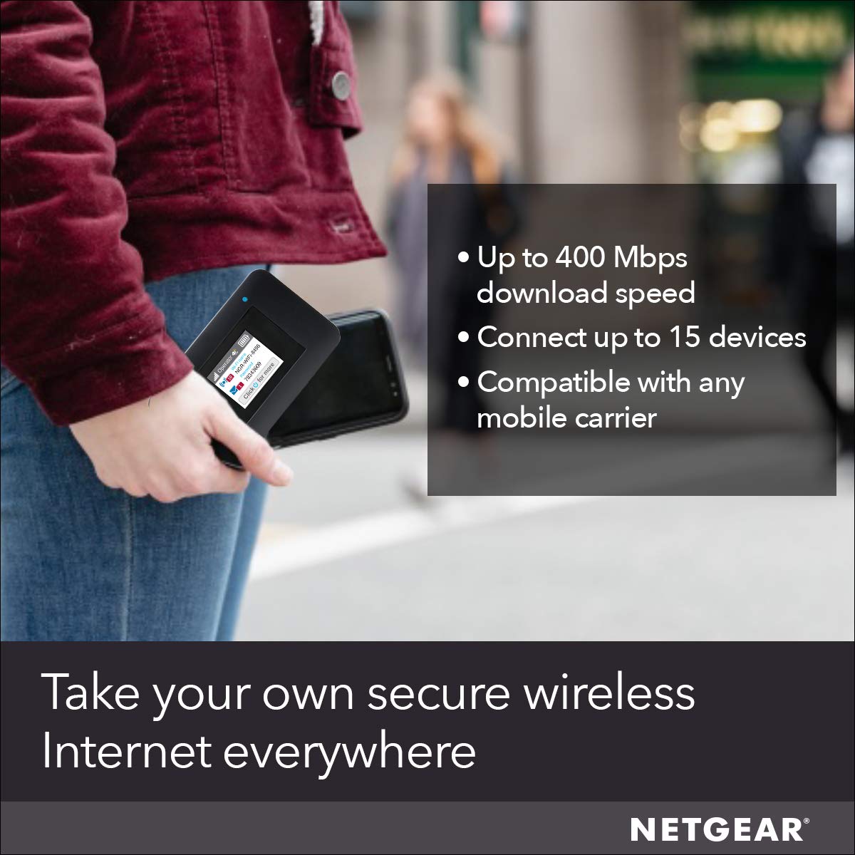 NETGEAR AC797-100NAS battery indicator and charging port for long sessions.