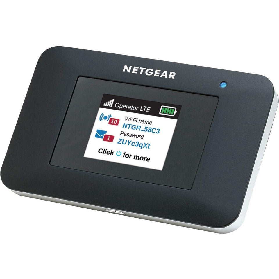 NETGEAR AC797-100NAS front view, portable hotspot for travel connectivity.