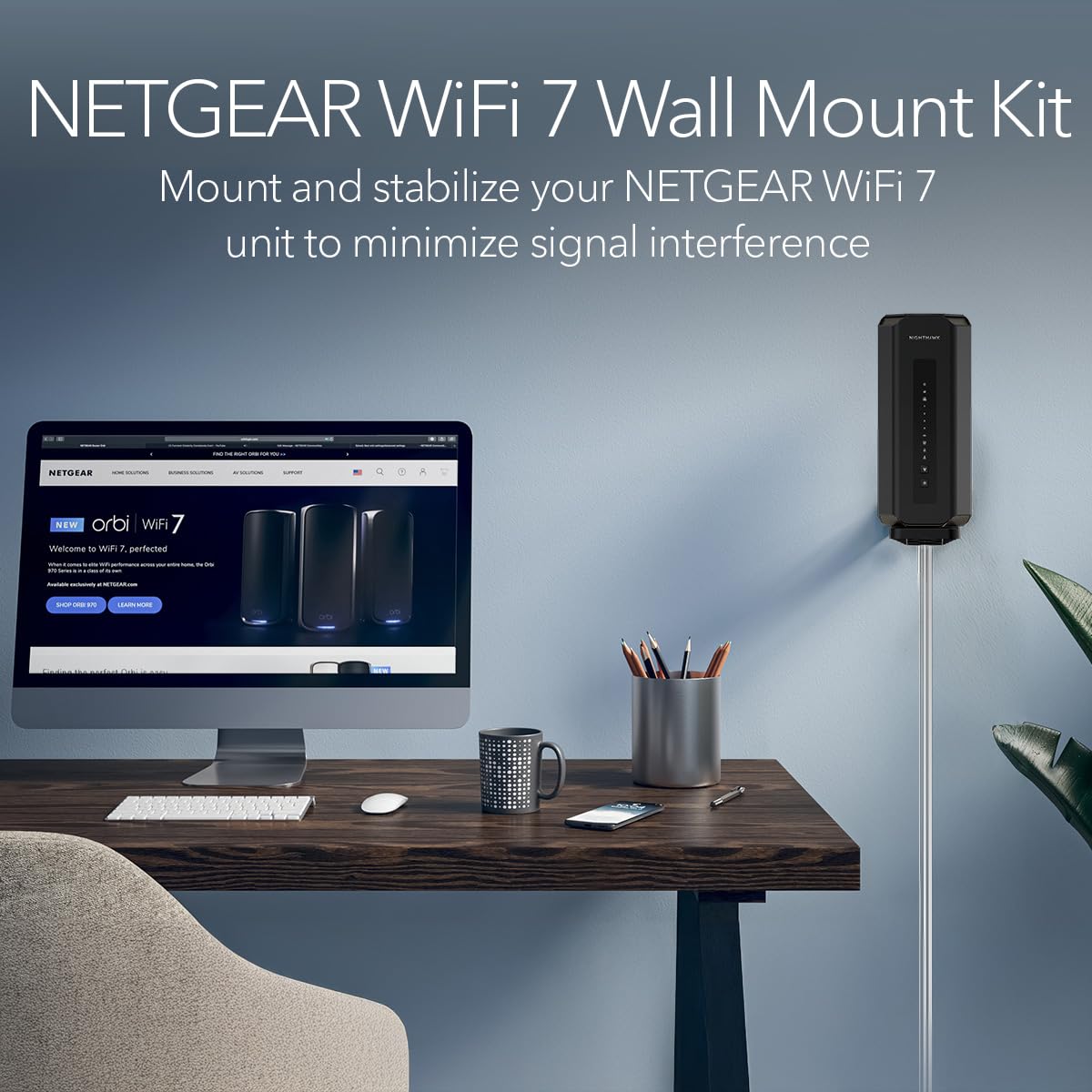 NETGEAR wall mount kit holding an Orbi satellite on a wall delivering elevated placement and improved signal