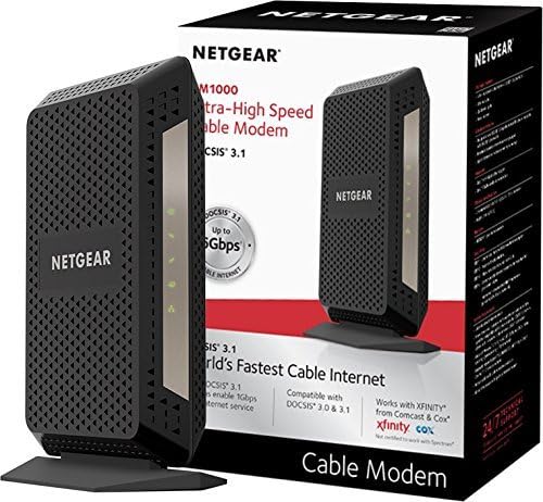 NETGEAR CM1000 modem front view with compact black design for fast home internet