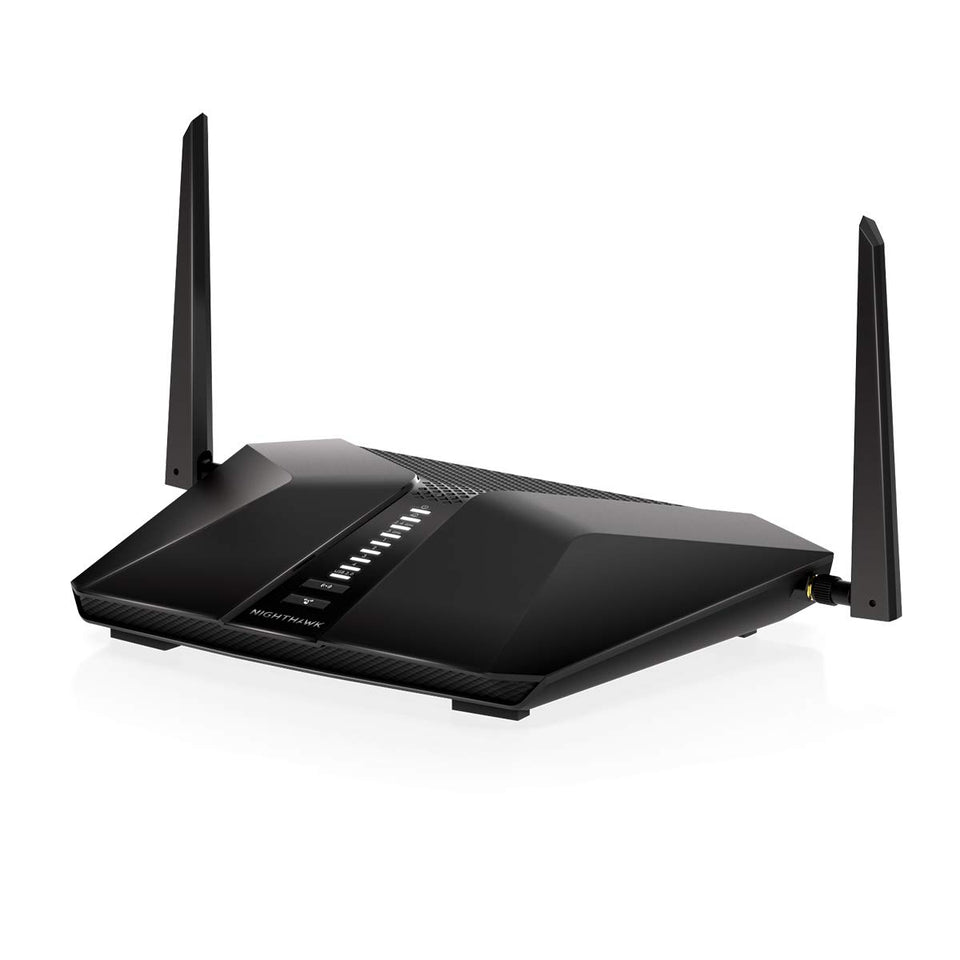 NETGEAR Nighthawk AX4 router front view with fast WiFi 6 connectivity.