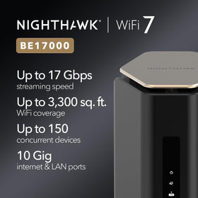 NETGEAR Nighthawk BE17000 router back ports show 10G and 1G connectivity options.